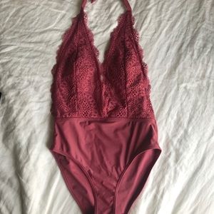 Xhiliration Mauve Halter Lace Swimsuit